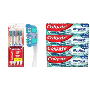 Colgate 360 Optic White Whitening Toothbrush, Adult Soft Toothbrush with Whitening Cups & Max Fresh Whitening Toothpaste with Mini Strips, Clean Mint Toothpaste for Bad Breath