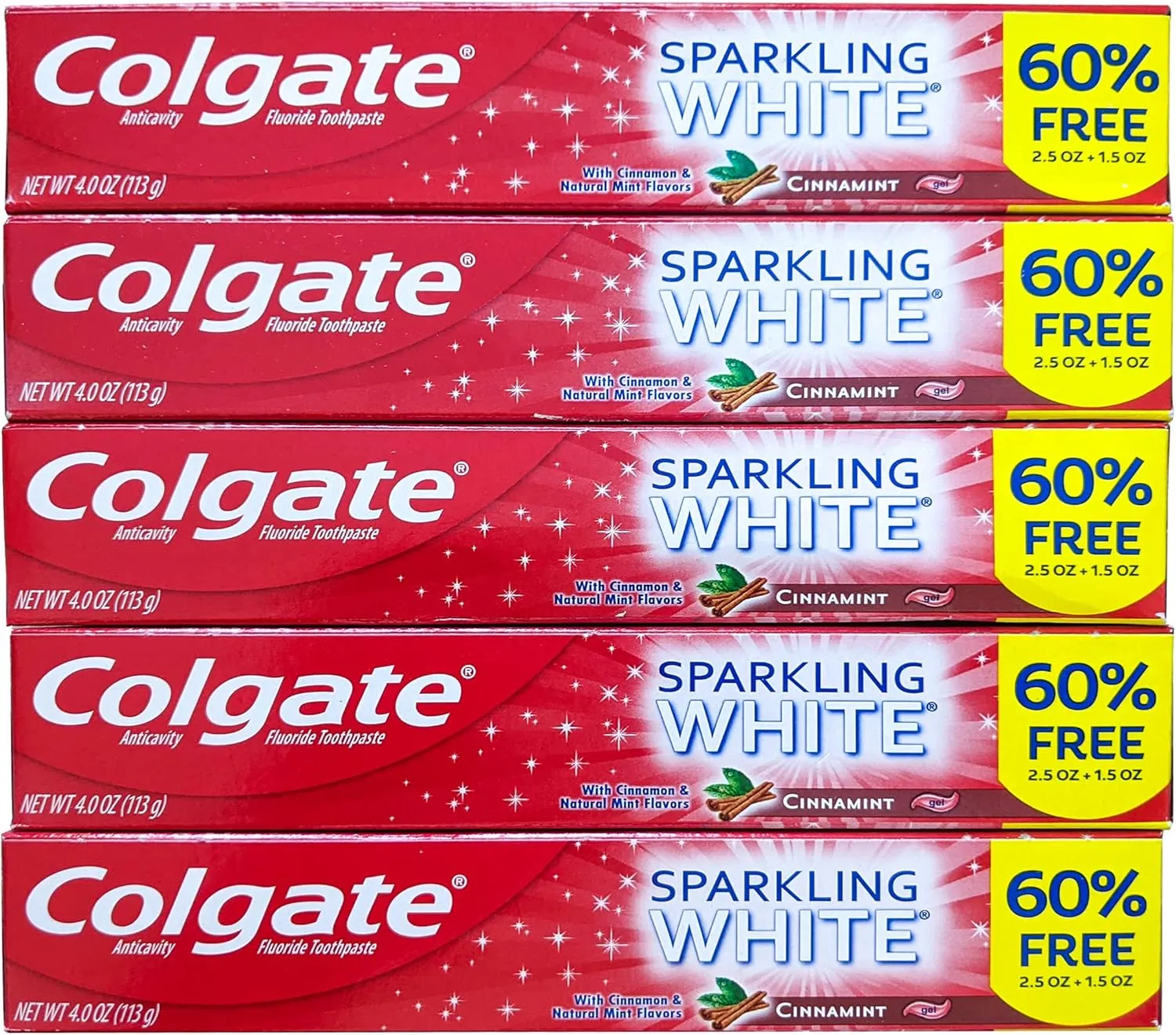 Colgate Cinnamint Fluoride Toothpaste with Cinnamon and Natural Mint Flavor, Deep Tooth and Gum Cleaning Gel with Gentle Whitening, Fights Cavities and Plaque, Kids and Adults, 5 Pack