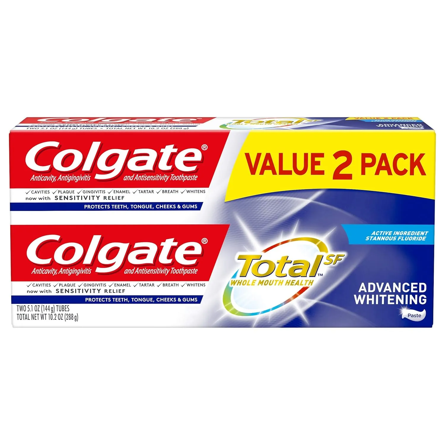 Colgate Colgate Total Advanced Whitening Toothpaste with Fluoride, Multi Benefit Toothpaste with Sensitivity Relief and Cavity Protection - 5.1 ounce (2 Pack), 5.1 Ounce (Pack of 2), 10.2 Ounce