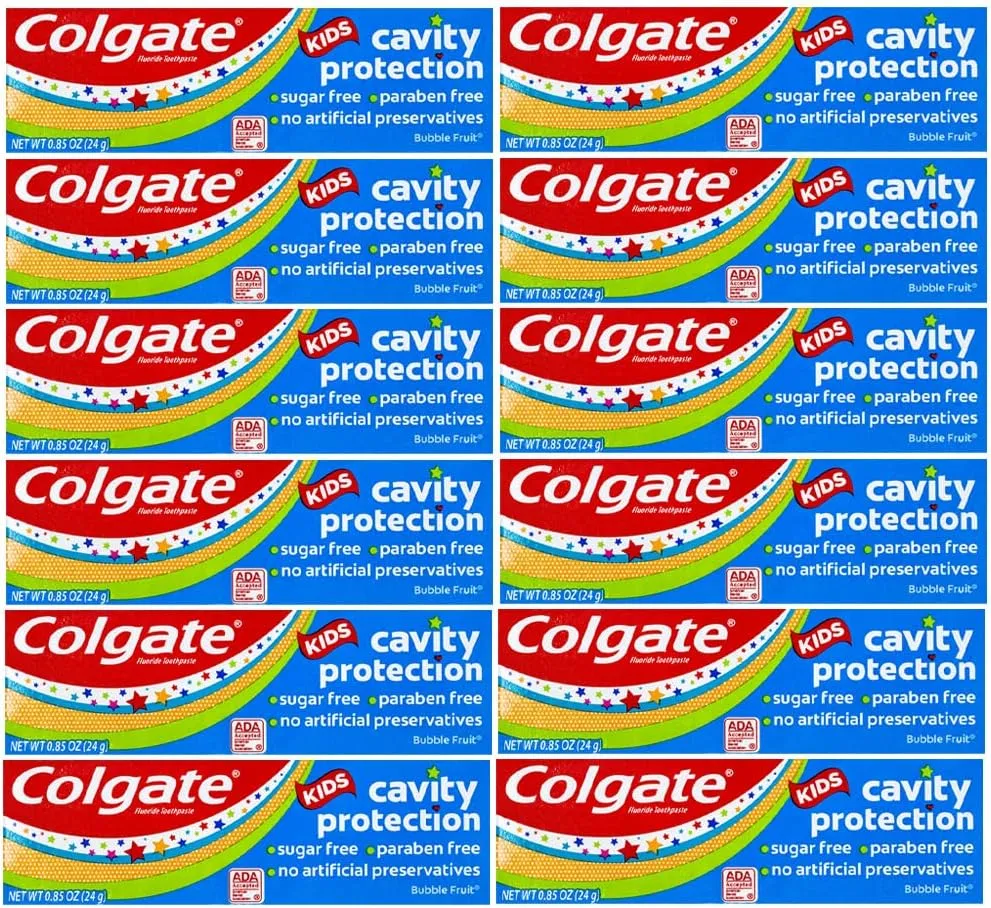 Colgate Kids Cavity Protection Fluoride Toothpaste, Bubble Fruit Flavor, Travel Size 0.85 oz (24g) - Pack of 12