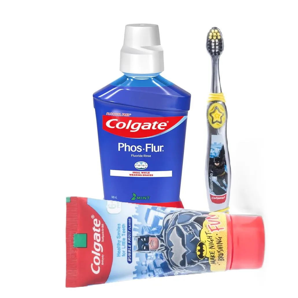 Colgate Kids Complete Dental Care Batman Anticavity Toothpaste 80g and PhosFlur Mint MouthWash 500ml with BatmanToothbrush Extra Soft with Tongue Cleaner for Children Above 6 Years