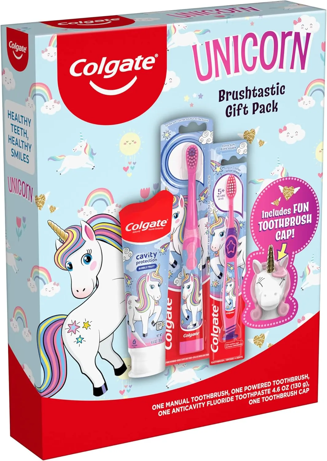 Colgate Kids Toothbrush Set with Toothpaste, Unicorn Gift Set with 1 Manual Toothbrush, 1 Battery-Powered Toothbrush, 1 Kids Fluoride Toothpaste, and 1 Toothbrush Cover