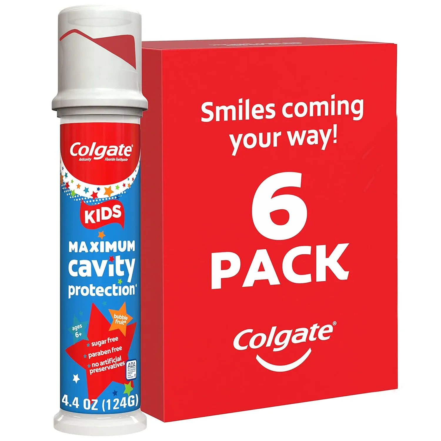Colgate Kids Toothpaste Pump with Fluoride, Anticavity & Cavity Protection Toothpaste, For Ages 6 , Mild Bubble Fruit Flavor, 4.4 Ounce, 6 Pack