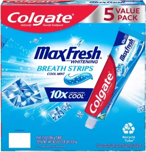 Colgate Max Fresh Cool Mint Toothpaste with Mini Breath Strips, 7.3 oz, 5-Pack, Whitening and Cavity Protection