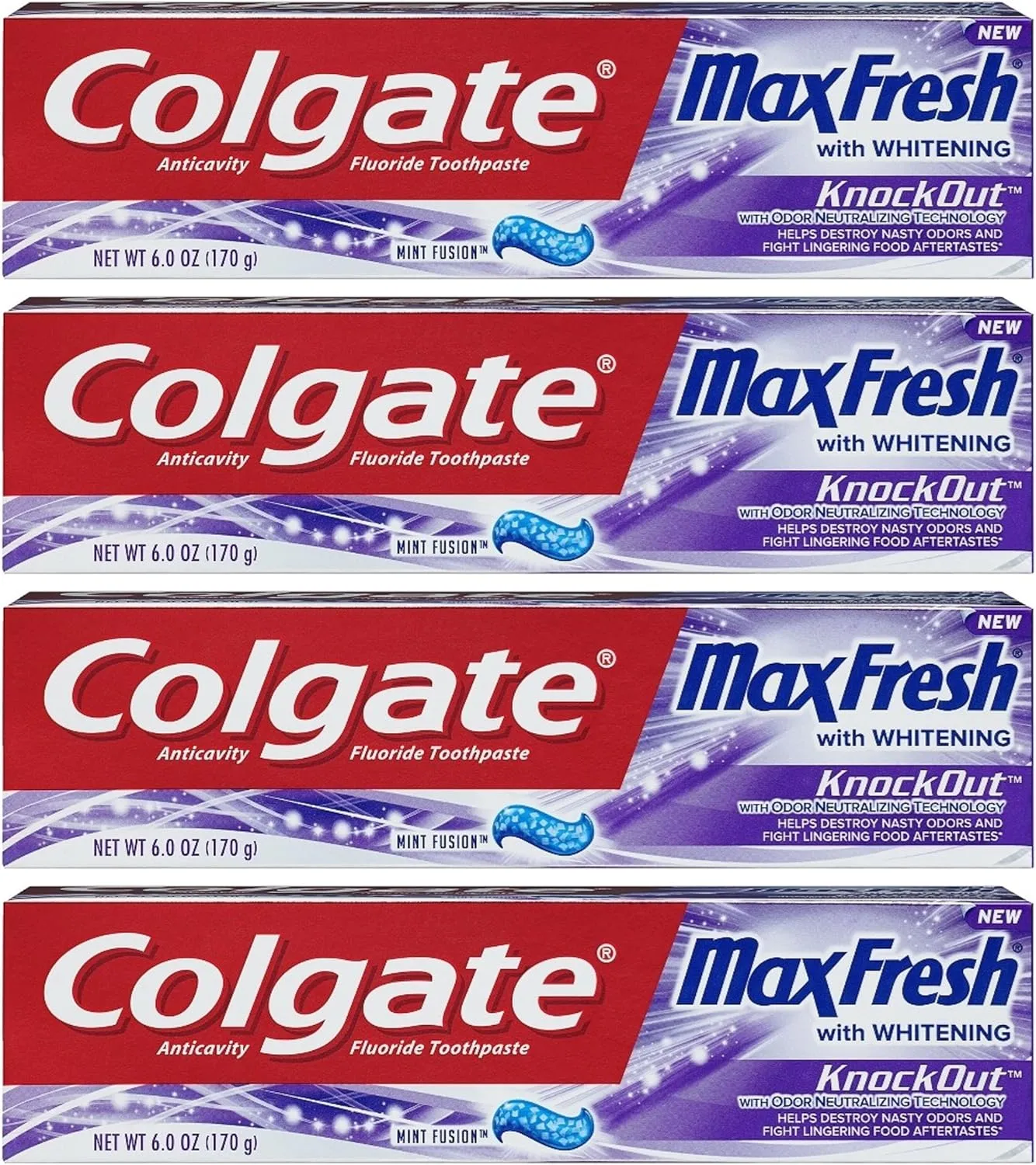 Colgate Max Fresh Toothpaste - KnockOut - With Odor Neutralizing Technology - Net Wt. 6 OZ (170 g) Per Tube - Pack of 4 Tubes