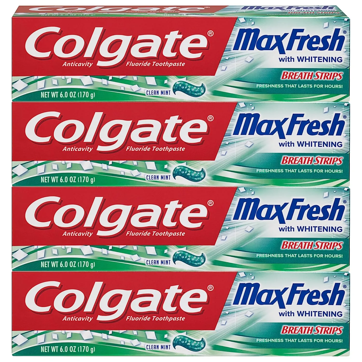 Colgate Max Fresh Whitening Toothpaste with Breath Strips, Clean Mint, 6 Ounce Tube, 4 Pack