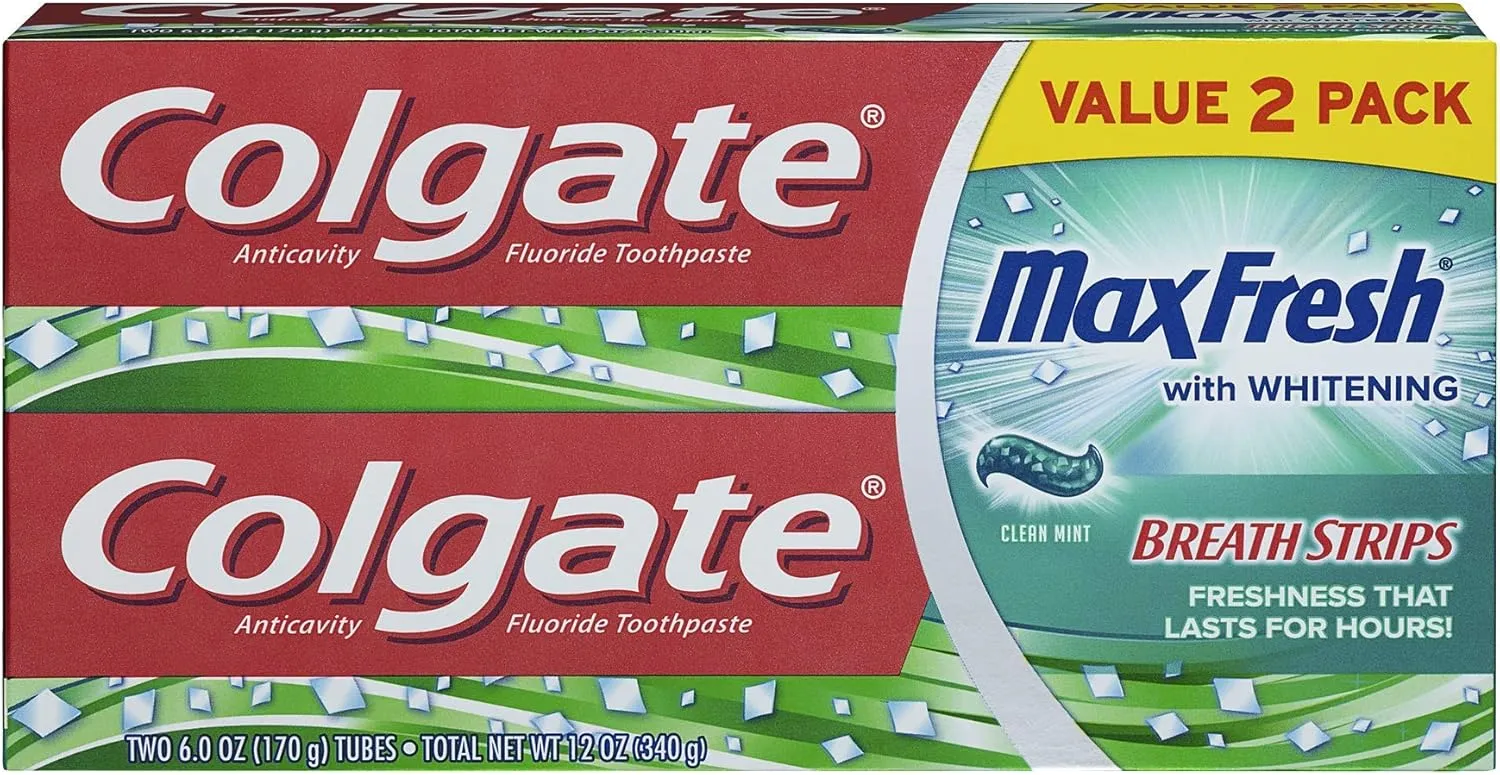 Colgate Max Fresh Whitening Toothpaste with Mini Breath Strips, Clean Mint - 6 ounce (2 Pack)