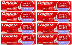 Colgate Optic White Advanced Toothpaste, Removes 5 Years of Stains, 0.75 oz (24g) - Pack of 8