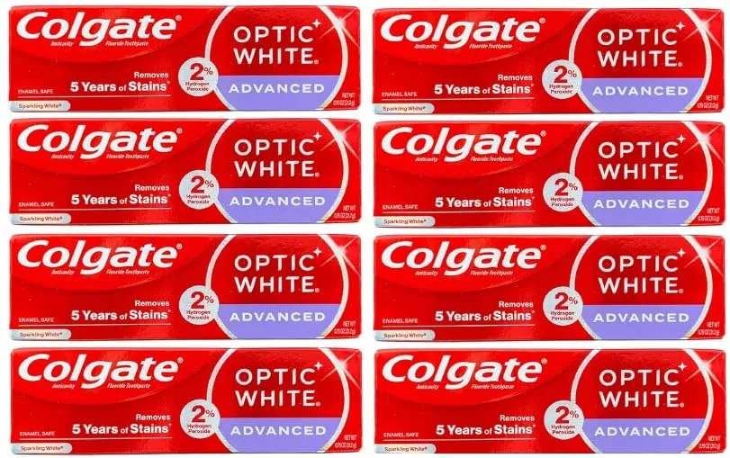 Colgate Optic White Advanced Toothpaste, Removes 5 Years of Stains, 0.75 oz (24g) - Pack of 8