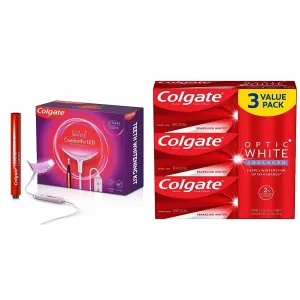 Colgate Optic White ComfortFit Teeth Whitening Kit & Optic White Advanced Teeth Whitening Toothpaste, 2% Hydrogen Peroxide, 3.2 Oz, 3 Pack