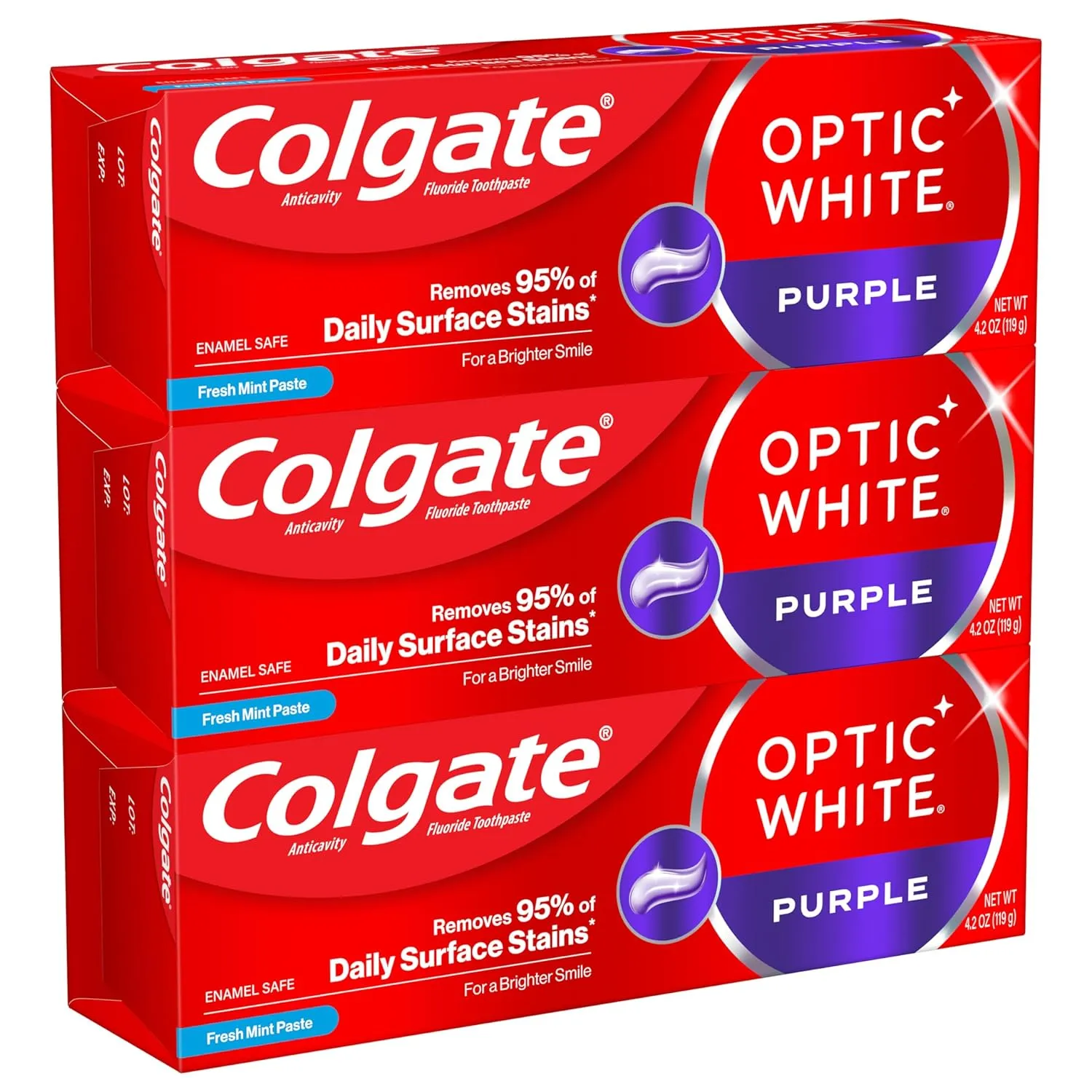 Colgate Optic White Purple Toothpaste for Teeth Whitening, Enamel-Safe Mint, 3 Pack, 4.2 oz