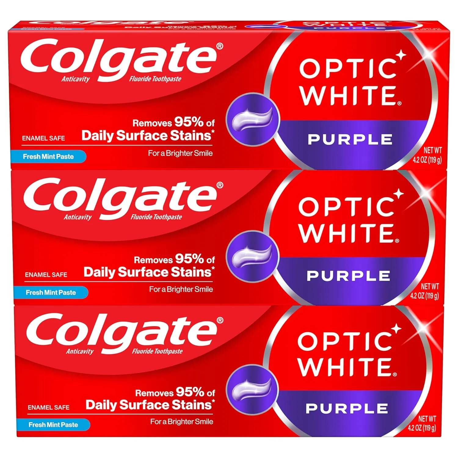 Colgate Optic White Purple Toothpaste for Teeth Whitening, Enamel-Safe Mint, 3 Pack, 4.2 oz