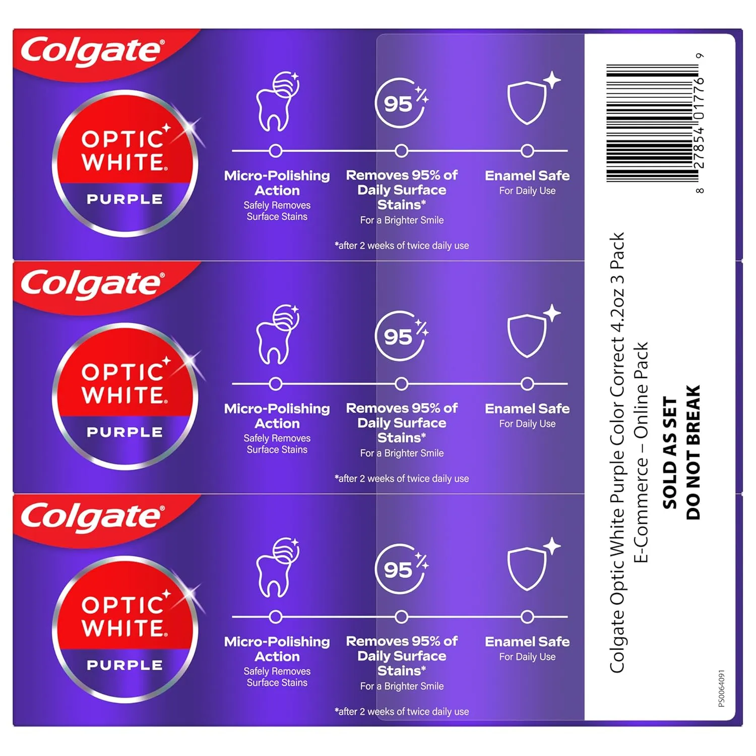 Colgate Optic White Purple Toothpaste for Teeth Whitening, Enamel-Safe Mint, 3 Pack, 4.2 oz