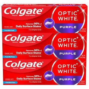 Colgate Optic White Purple Toothpaste for Teeth Whitening, Enamel-Safe Mint, 3 Pack, 4.2 oz
