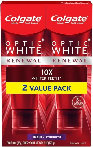 Colgate Optic White Renewal Teeth Whitening Toothpaste, Enamel Strength, 2 Pack, 3 Oz Tube