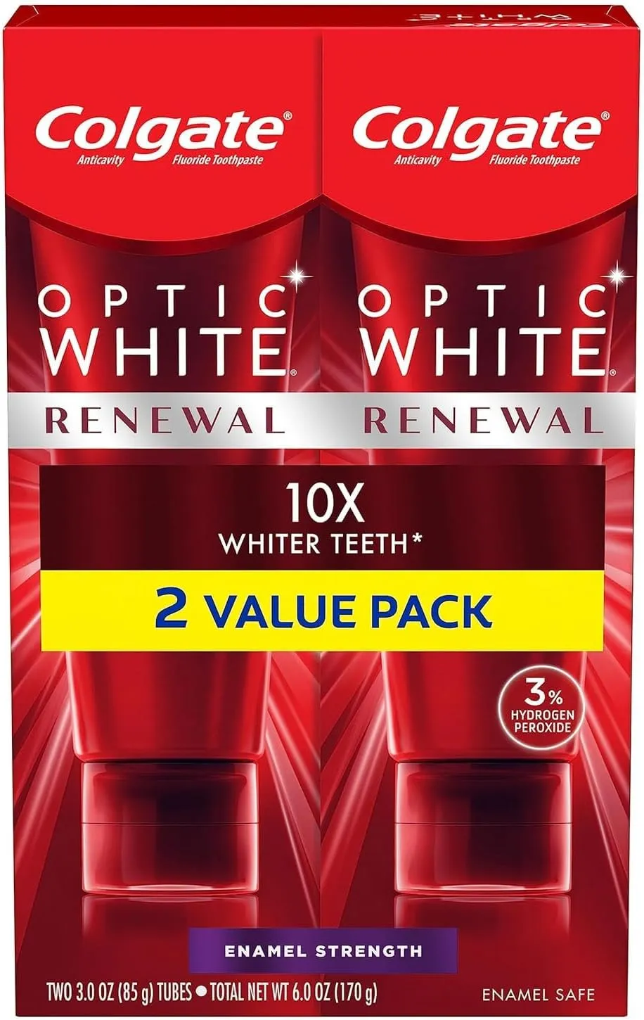 Colgate Optic White Renewal Teeth Whitening Toothpaste, Enamel Strength, 2 Pack, 3 Oz Tube