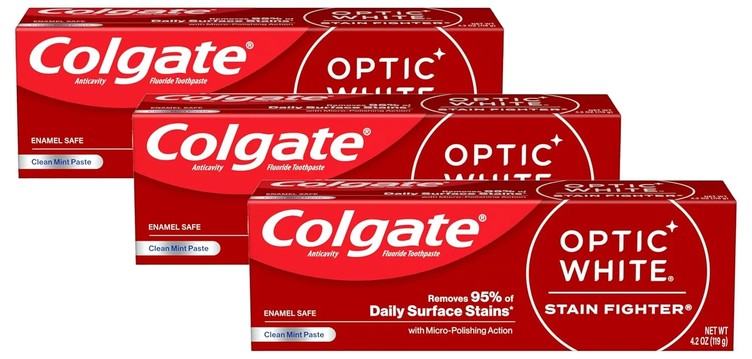 Colgate Optic White Stain Fighter Whitening Toothpaste, Clean Mint Flavor, Safely Removes Surface Stains, Enamel-Safe for Daily Use, Teeth Whitening Toothpaste with Fluoride, 4.2 Oz Tube (Pack of 3)