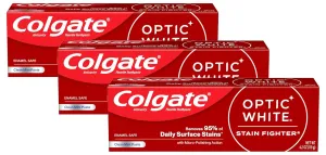 Colgate Optic White Stain Fighter Whitening Toothpaste, Clean Mint Flavor, Safely Removes Surface Stains, Enamel-Safe for Daily Use, Teeth Whitening Toothpaste with Fluoride, 4.2 Oz Tube (Pack of 3)