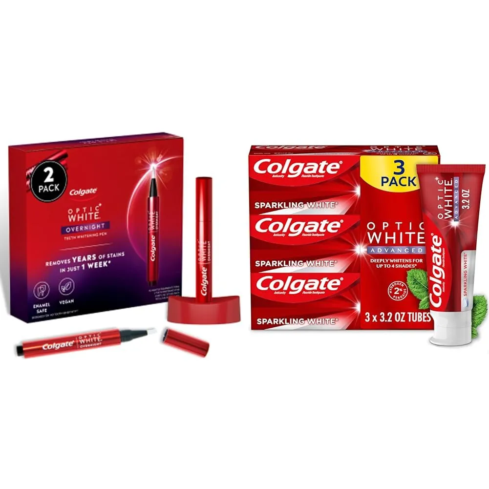 Colgate Optic White Teeth Whitener, 2% Hydrogen Peroxide, Enamel Safe & Vegan, Whitening Pen & Toothpaste, 35 Uses & 3 Pack, Sparkling White