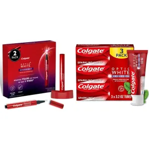 Colgate Optic White Teeth Whitener, 2% Hydrogen Peroxide, Enamel Safe & Vegan, Whitening Pen & Toothpaste, 35 Uses & 3 Pack, Sparkling White