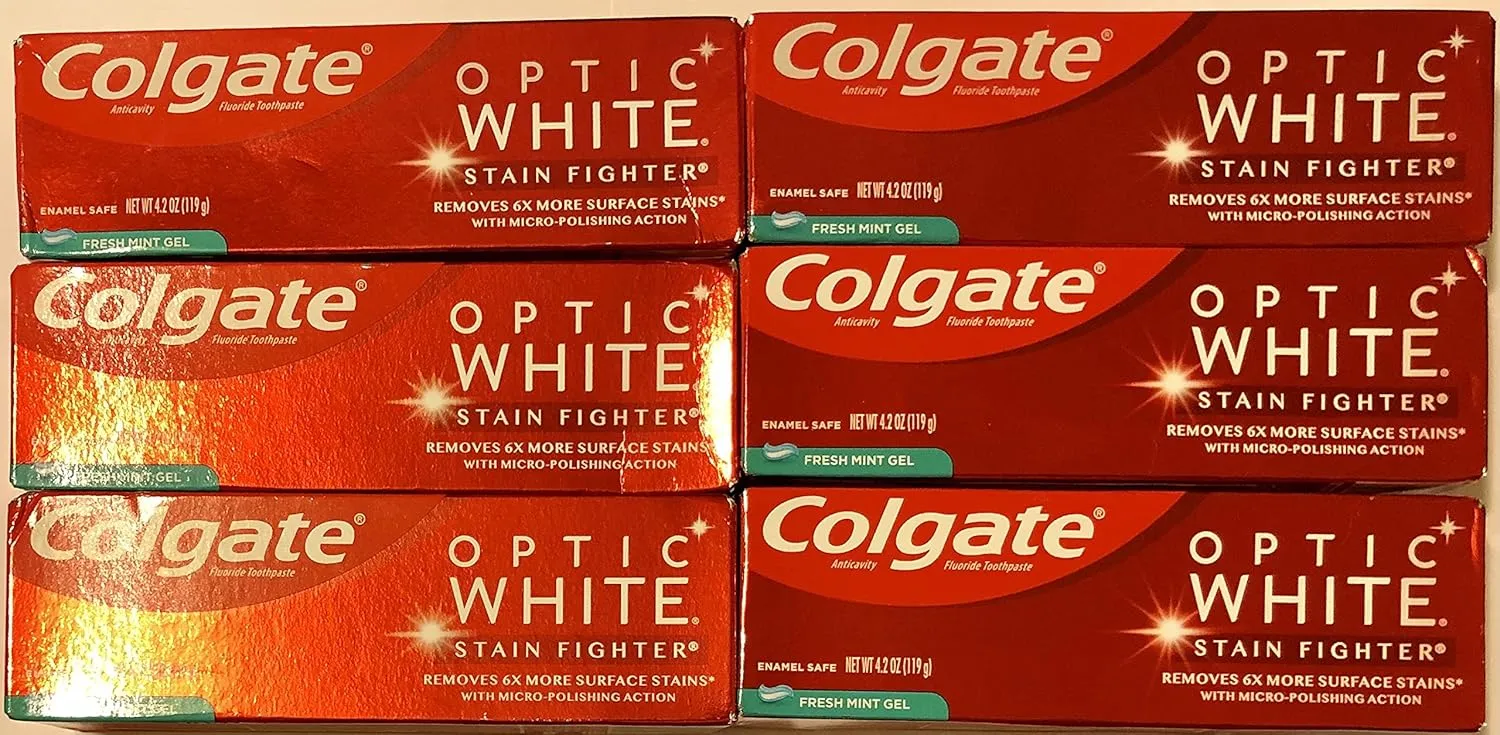 Colgate Optic White Toothpaste - Stain Fighter - Fresh Mint Gel - Net Wt. 4.2 OZ (119 g) Per Tube - Pack of 6 Tubes