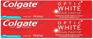 Colgate Optic White Toothpaste, Stain Fighter, Fresh Mint Gel, Travel Size 2.0 oz (Pack of 2)