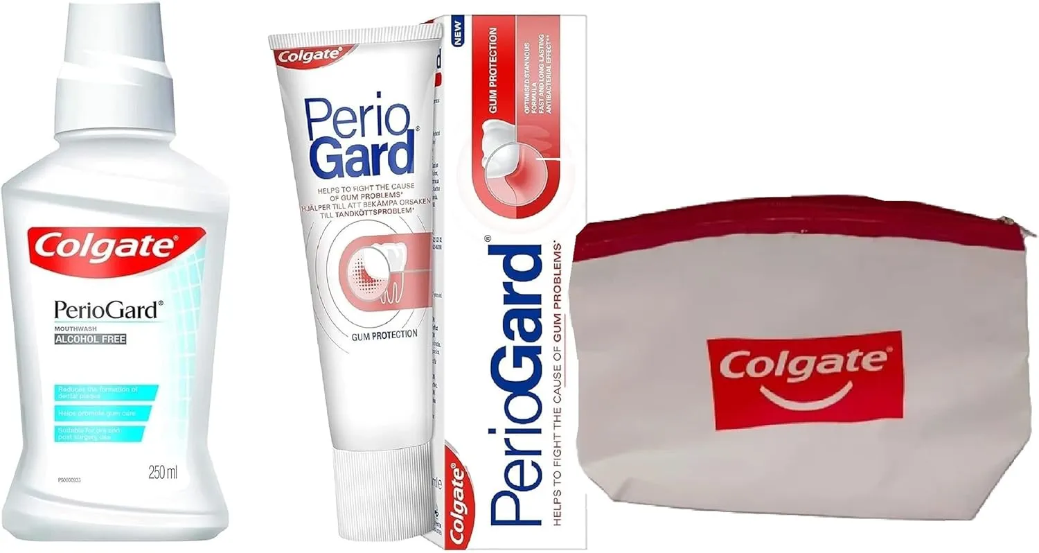 Colgate PerioGard Gum Protection Toothpaste 90g and MouthWash 250ml Helps Fight Plaque Dual Active Formula Helps to Keep Gums Healthy   Travel Bag Free