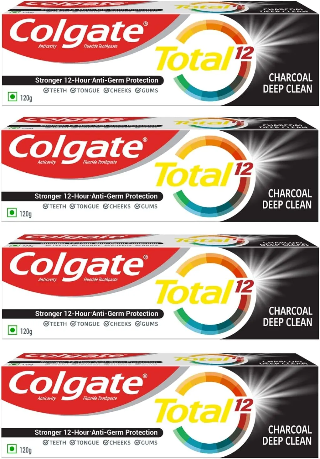 Colgate Total 120gm/4.2oz x 4pcs (480gm/16.9oz) Charcoal Deep Clean Comboo Toothpaste and Toothbrush, Stronger 12-Hour Protection, Whole Mouth Health Pack of 4