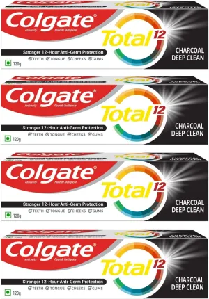 Colgate Total 120gm/4.2oz x 4pcs (480gm/16.9oz) Charcoal Deep Clean Comboo Toothpaste and Toothbrush, Stronger 12-Hour Protection, Whole Mouth Health Pack of 4