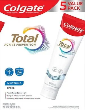 Colgate Total Active Prevention, Whitening Toothpaste, 5-6 Oz Tubes