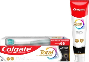 Colgate Total Charcoal Deep Clean Toothpaste 150Gm/5.2oz and Soft Toothbrush Free for Whole Mouth Health