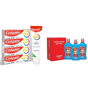Colgate Total Clean Mint Toothpaste, 10 Benefits, No Trade-Offs, Freshens Breath & Total Mouthwash, Alcohol Free Mouthwash, Peppermint, 33.8 Ounce, 3 Pack