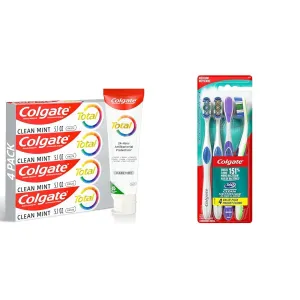 Colgate Total Clean Mint Toothpaste, 10 Benefits, No Trade-Offs, Freshens Breath, Whitens Teeth & 360 Whole Mouth Clean, Medium Toothbrush for Adults, 4 Pack, Packaging May Vary