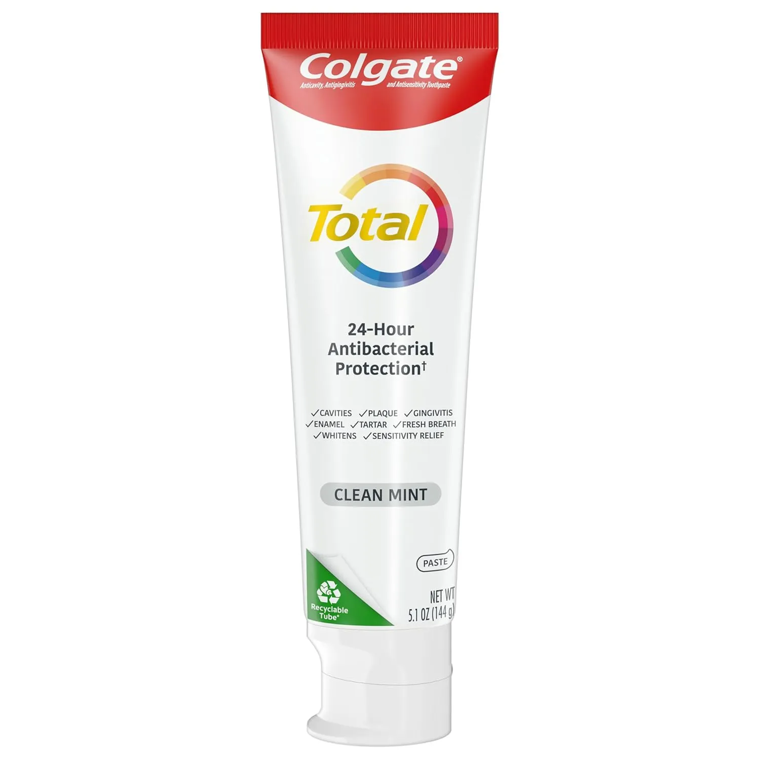 Colgate Total Clean Mint Toothpaste, 10 Benefits, No Trade-Offs, Freshens Breath, Whitens Teeth and Provides Sensitivity Relief, Clean Mint Flavor, 4 Pack, 5.1 Oz Tubes