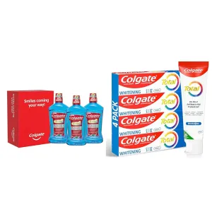 Colgate Total Mouthwash, Alcohol Free Mouthwash, Peppermint, 33.8 Ounce, 3 Pack & Total Whitening Toothpaste, 10 Benefits, No Trade-Offs, Freshens Breath, Whitens Teeth