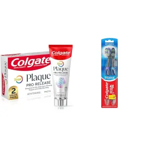 Colgate Total Plaque Pro Release Whitening Toothpaste, 2 Pack, 3.0 Oz Tubes & 360 Floss Tip Battery Powered Toothbrush, Sonic Toothbrush with Soft Bristles