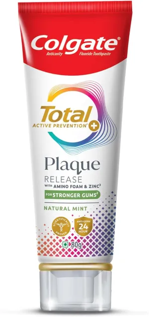 Colgate Total Plaque Release Toothpaste | Tooth Paste with Amino Foam & Zinc | Colgate Paste Toothpaste for Stronger Gums | 3X More Effective at Fighting Plaque - Natural Mint (80gm)(2.8 Ounce)