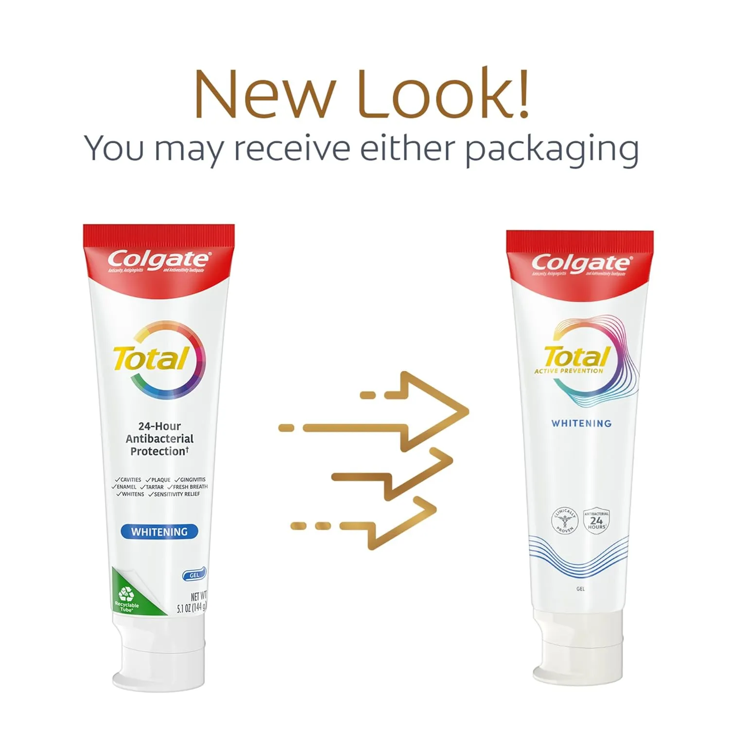 Colgate Total Whitening Toothpaste Gel, 10 Benefits, No Trade-Offs, Freshens Breath, Whitens Teeth and Provides Sensitivity Relief, Mint Flavor, 4 Pack, 5.1 Oz Tubes