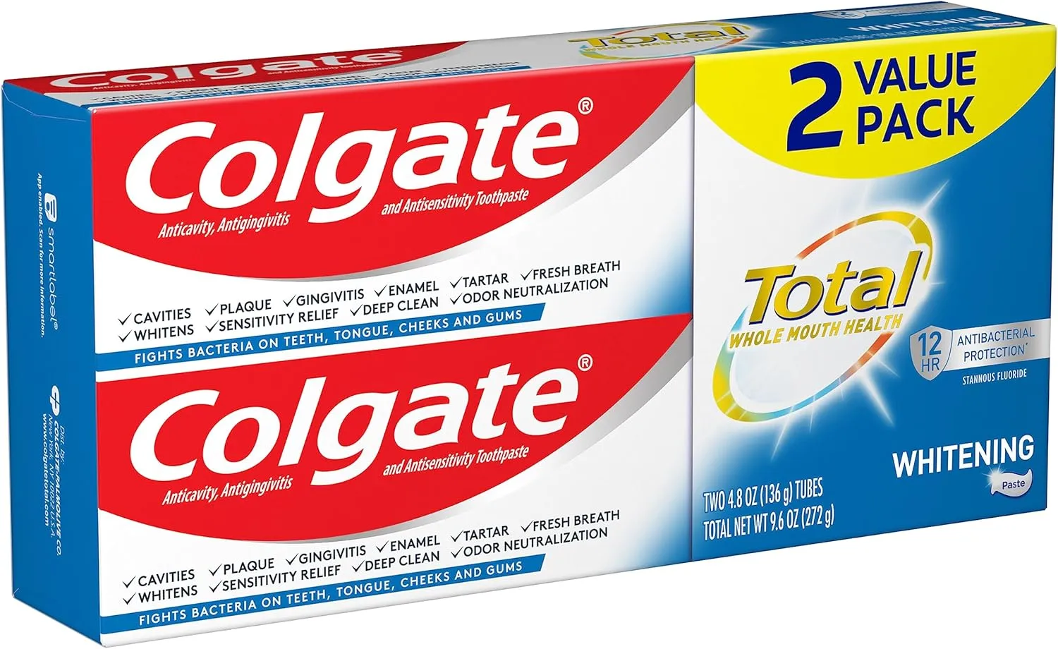 Colgate Total Whitening Toothpaste with Stannous Fluoride and Zinc, Sensitivity Relief and Cavity Protection Mint, 4.8 Oz (Pack of 2)