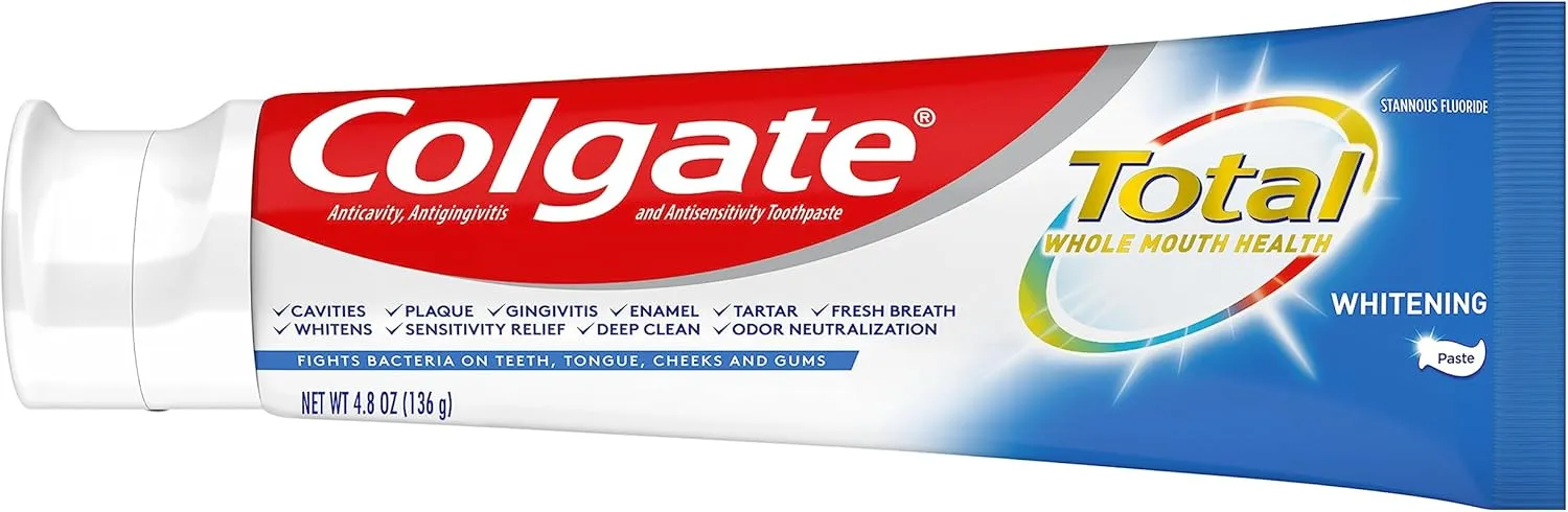 Colgate Total Whitening Toothpaste with Stannous Fluoride and Zinc, Sensitivity Relief and Cavity Protection Mint, 4.8 Oz (Pack of 2)