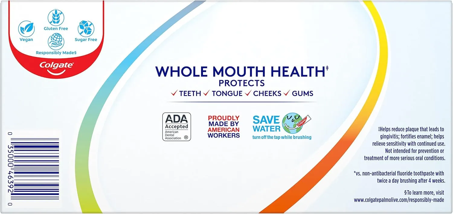 Colgate Total Whitening Toothpaste with Stannous Fluoride and Zinc, Sensitivity Relief and Cavity Protection Mint, 4.8 Oz (Pack of 2)
