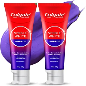 Colgate Visible White Purple Toothpaste, Teeth Whitening Toothpaste Whitens Yellow Teeth, Enamel-Safe Daily Use (2 Pack 100g 20g/3.5oz 0.7oz)
