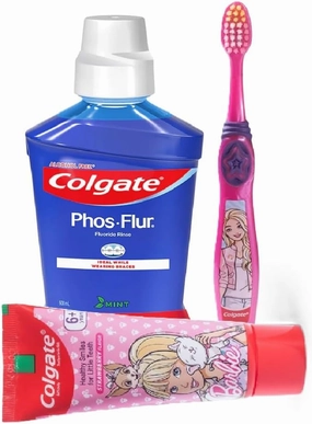 Colgate Kids Barbie Complete Dental Care Strawberry Flavour Toothpaste 80g and PhosFlur Mint MouthWash 500ml with Toothbrush Extra Soft with Tongue Cleaner for Children Above 6 Years