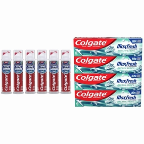 Colgate Kids Toothpaste Pump with Fluoride, Anticavity & Cavity Protection Toothpaste, for Ages 6  & Max Fresh Whitening Toothpaste with Mini Strips, Clean Mint Toothpaste for Bad Breath