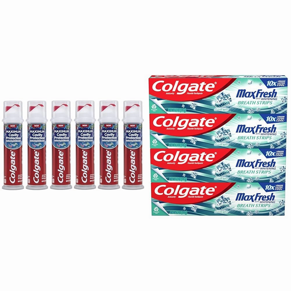 Colgate Kids Toothpaste Pump with Fluoride, Anticavity & Cavity Protection Toothpaste, for Ages 6  & Max Fresh Whitening Toothpaste with Mini Strips, Clean Mint Toothpaste for Bad Breath