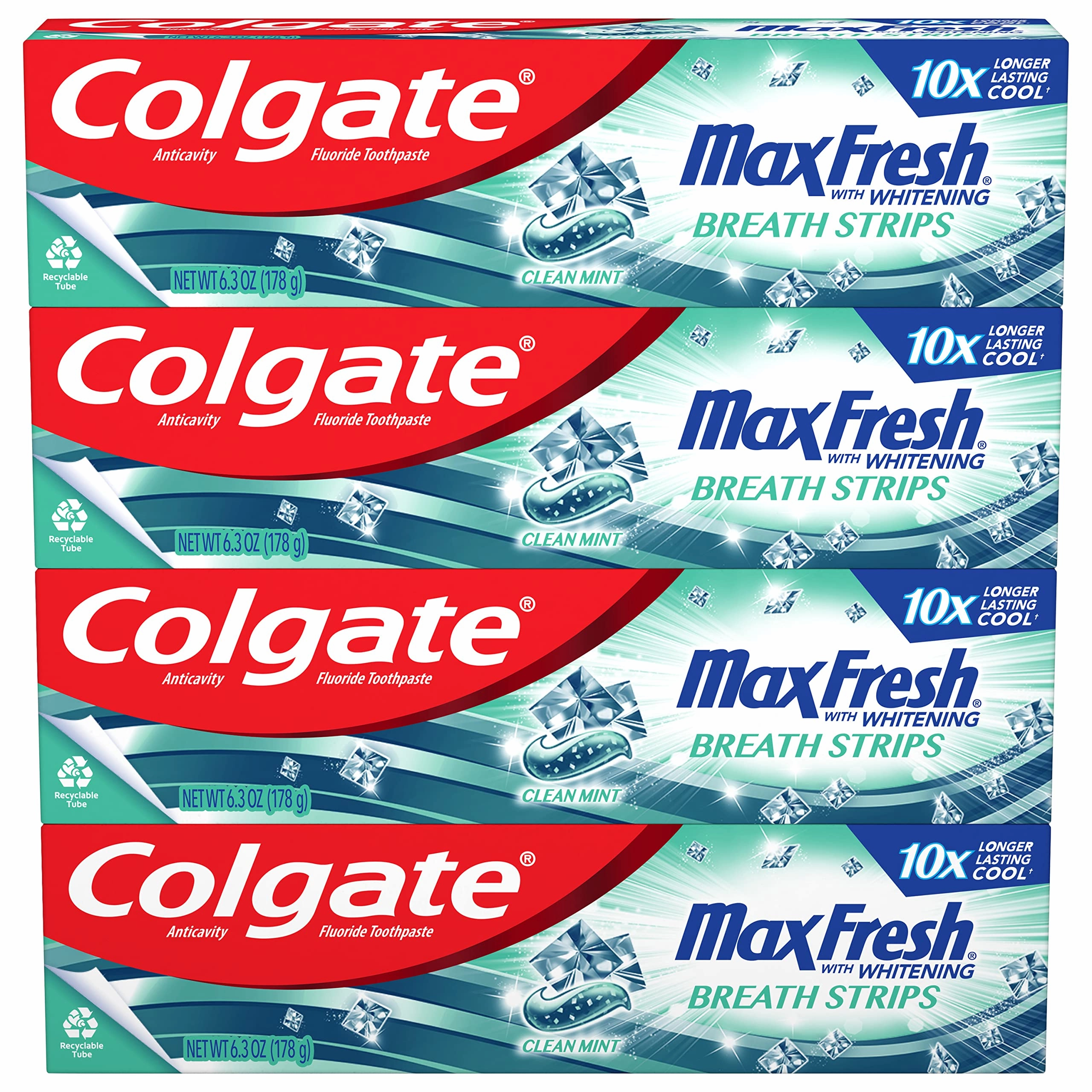 Colgate Kids Toothpaste Pump with Fluoride, Anticavity & Cavity Protection Toothpaste, for Ages 6  & Max Fresh Whitening Toothpaste with Mini Strips, Clean Mint Toothpaste for Bad Breath
