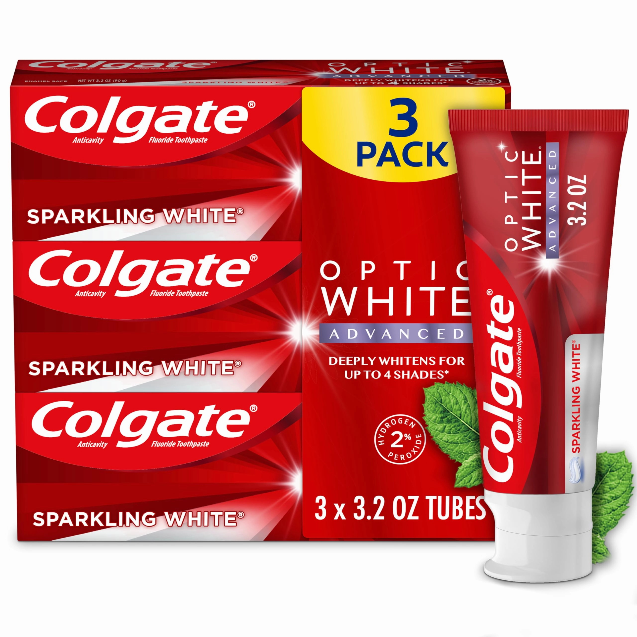 Colgate Optic White Whitening Mouthwash, 2% Hydrogen Peroxide & Optic White Advanced Teeth Whitening Toothpaste, 2% Hydrogen Peroxide Toothpaste, Sparkling White, 3.2 Oz, 3 Pack