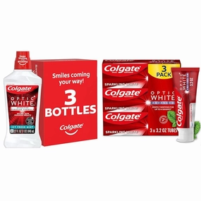 Colgate Optic White Whitening Mouthwash, 2% Hydrogen Peroxide & Optic White Advanced Teeth Whitening Toothpaste, 2% Hydrogen Peroxide Toothpaste, Sparkling White, 3.2 Oz, 3 Pack