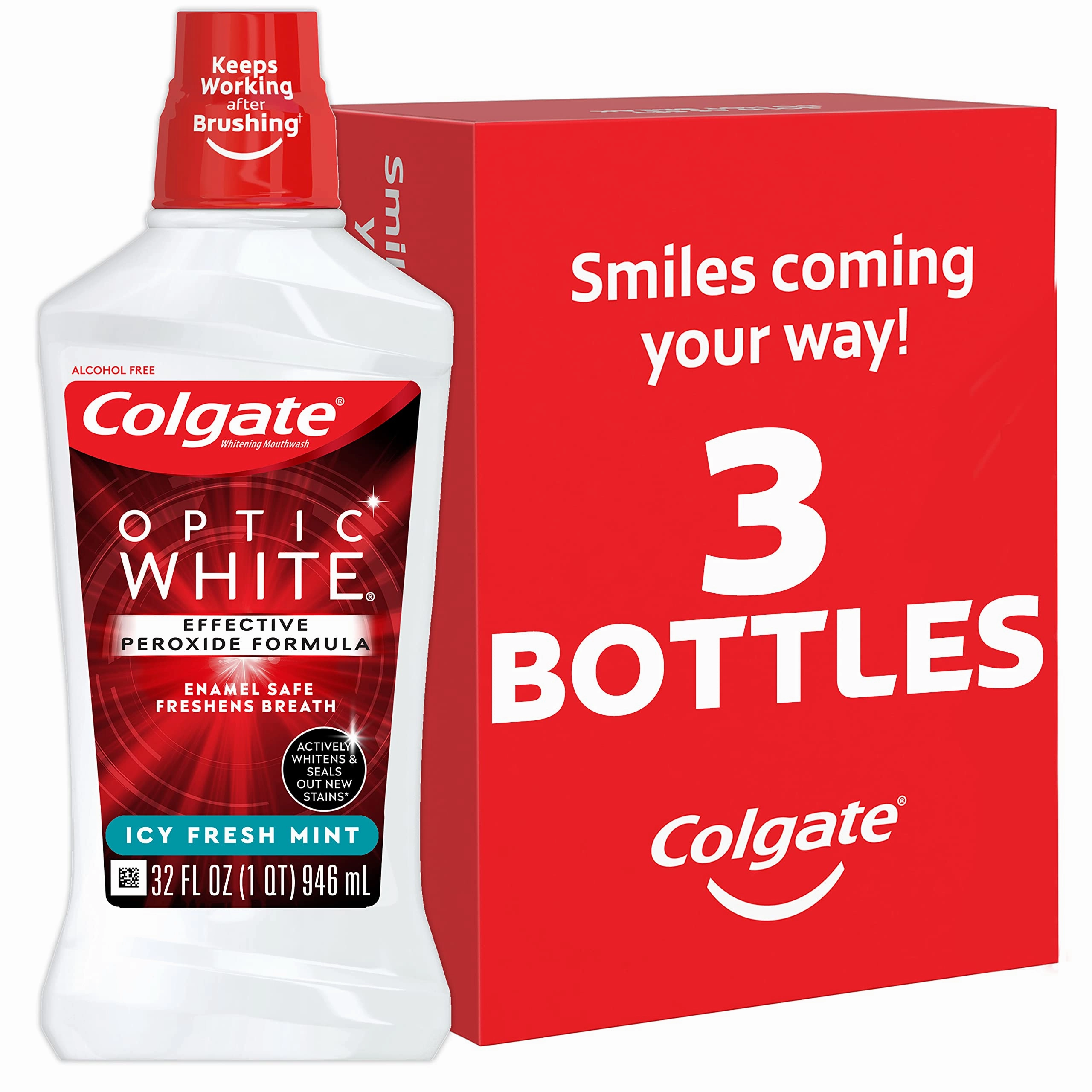 Colgate Optic White Whitening Mouthwash, 2% Hydrogen Peroxide & Optic White Advanced Teeth Whitening Toothpaste, 2% Hydrogen Peroxide Toothpaste, Sparkling White, 3.2 Oz, 3 Pack