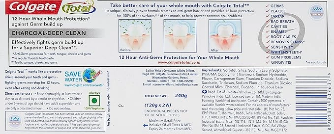 colgate total charcoal toothpaste saver pack - 3 x120 g